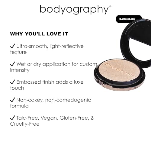 Bodyography Highlighter Pressed Powder, From Within | Universal Shade Powder Compact for Face, Eyes & Body | Buildable Wet or Dry Application | Silky, Finely Milled, Long-Wear Glow for All Skin Tones