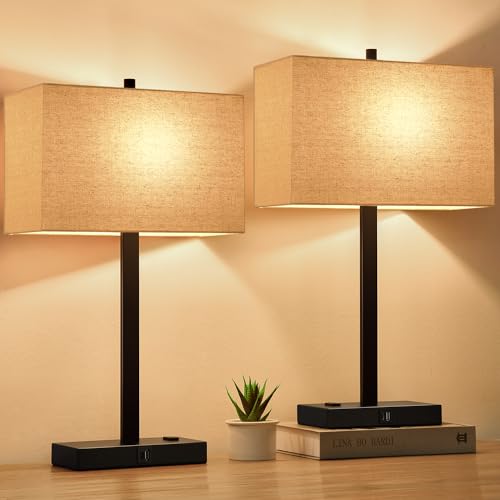 Beige Linen & Matte Black 21-Inch Touch Bedside Lamps with USB & AC Outlets - Set of 2