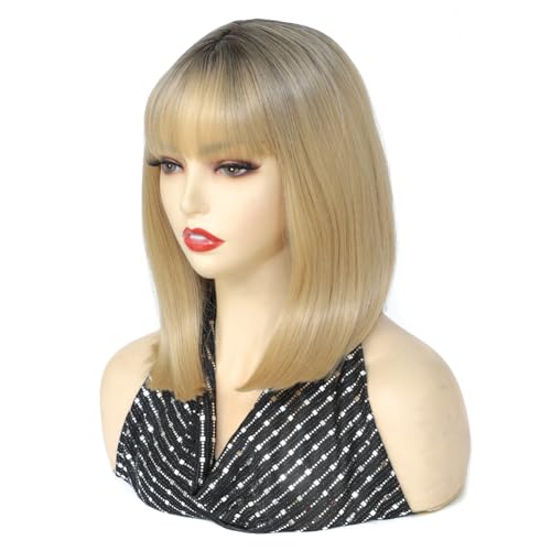 Refined Hair 14 Inch Ombre Blonde Short Straight Bob Wig with Bangs for Women