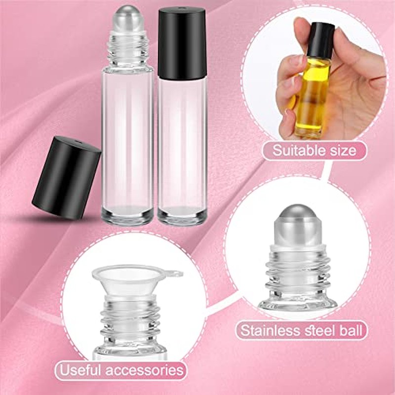 96 Pcs Essential Oil Roller Bottles 10ml Empty Glass Roller Bottles with Stainless Steel Balls Protection Leakproof with 5 Funnel for Travel Perfume Lip Gloss(Clear, Black Lid)