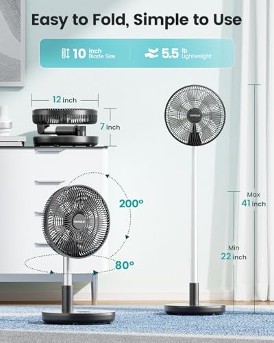 Foldable 12-Inch Rechargeable Standing Fan with Remote, 6 Speed, Black