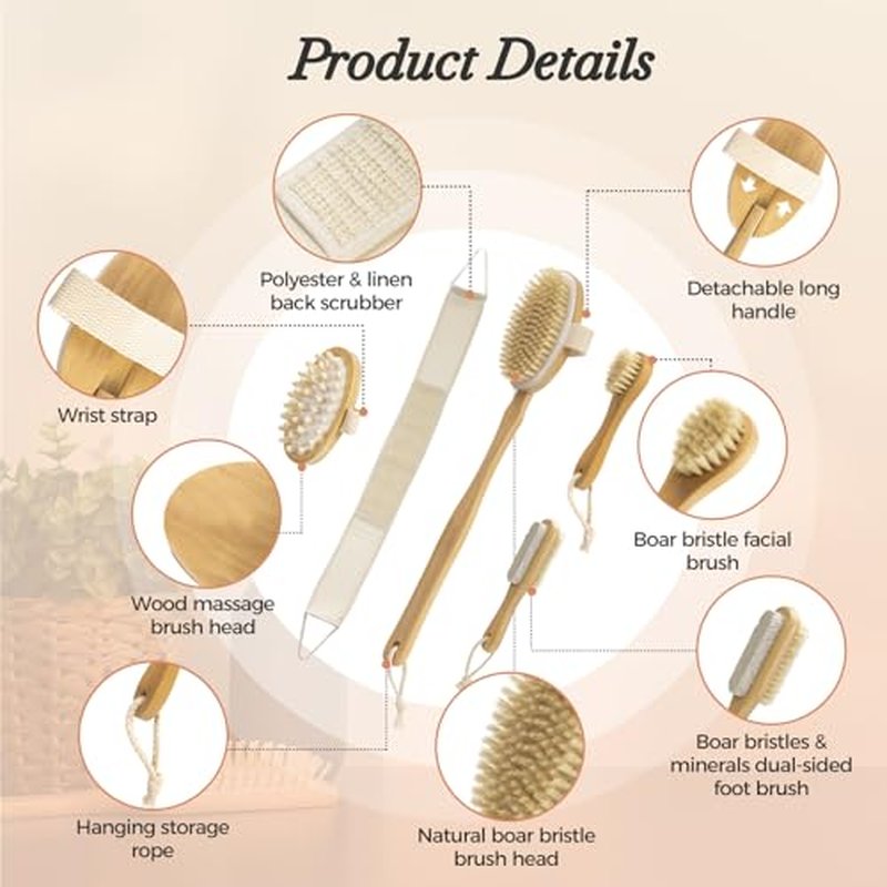 7 Packs Dry Brushing Body Brush Set for Lymphatic Drainage and Cellulite Massager, Long Handle Dry Brush for Body, Natural Boar Bristle Dry Body Brush Exfoliator