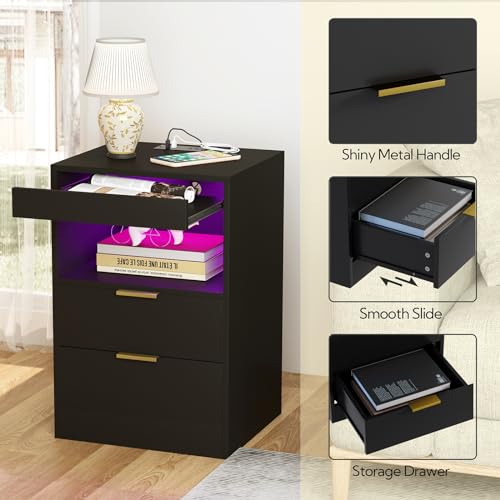Yusong RGB LED Nightstand with Charging Station - Black 001