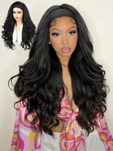 WIGNEE Black Long Yaki Curly Headband Wig for Black Women, Glueless, 26 Inch