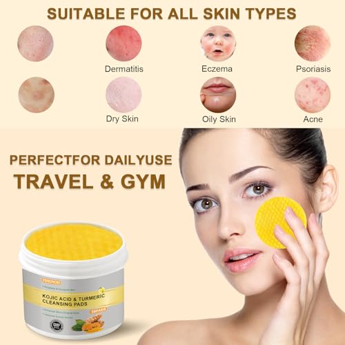 Turmeric Kojic Acid Cleansing Pads for Face Dark Spots - Hydrates & Plumps Skin- Sensitive Skin Friendly - Helps Balance Skin Oil and Water 50 PCS LXQ