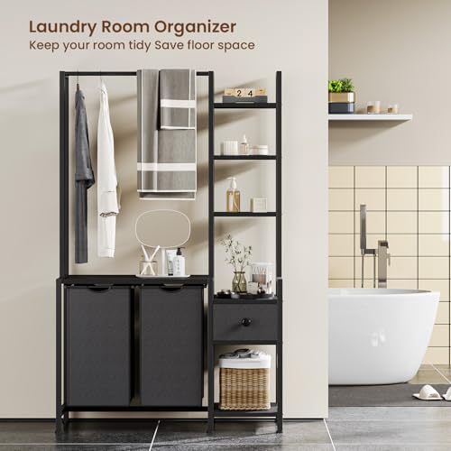Laundry Hamper with Shelf & Removable Bags - Tall 5-Tier Clothes Organizer - Black