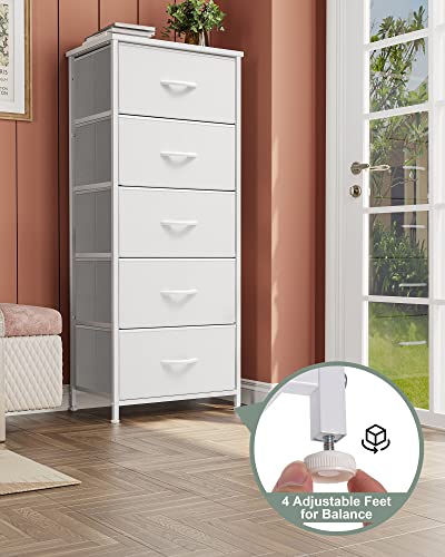 White Tall Fabric Storage Tower Organizer with 5 Drawers - Narrow Vertical Dresser