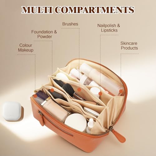 Large Waterproof Travel Makeup Bag with Dividers & Handle - Brown, 3L