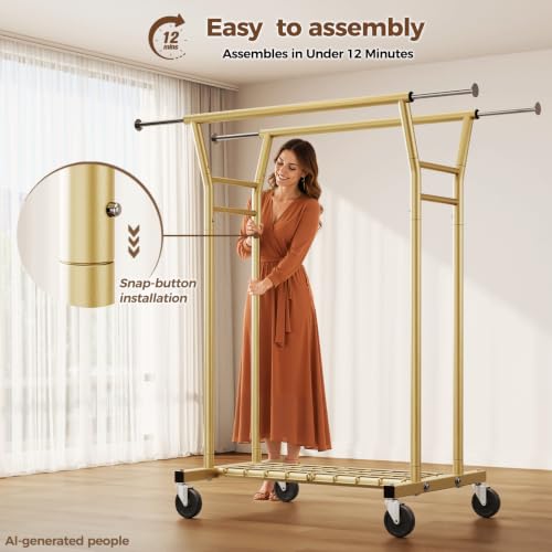 Heavy Duty Rolling Clothes Rack with Shelves - Gold, Supports 700LBS