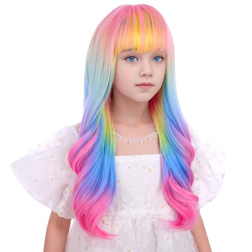 Rainbow Kids Long Curly Wavy Wig - Colorful Synthetic Hair with Cap - Variation of THIS listing