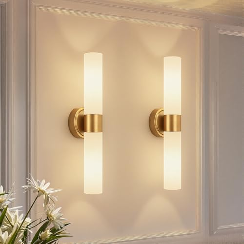 Hardwired Wall Sconces Set of Two - Modern Bathroom & Living Room Lighting with Milky White Glass - Brushed Gold & 22 Inch Variation