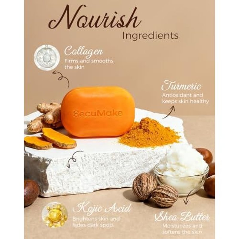 Kojic Acid Soap, Turmeric Soap for Dark Spots with Vitamin C & Shea Butter, Paraben & Sulfate-Free - 3 Bars with African Net Sponge