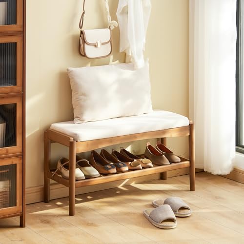 STDDRE Bamboo Shoe Bench with Cushion Seat 2-Tier Entryway Organizer, Brown-Beige, 31.5x11.4x16.5 Inches