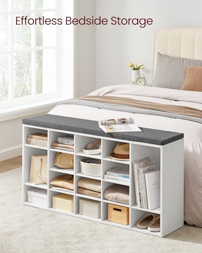 VASAGLE Shoe Storage Bench with Cushion, 20 Cubbies, White & Gray, 47.2 x 12 x 24.7 Inches