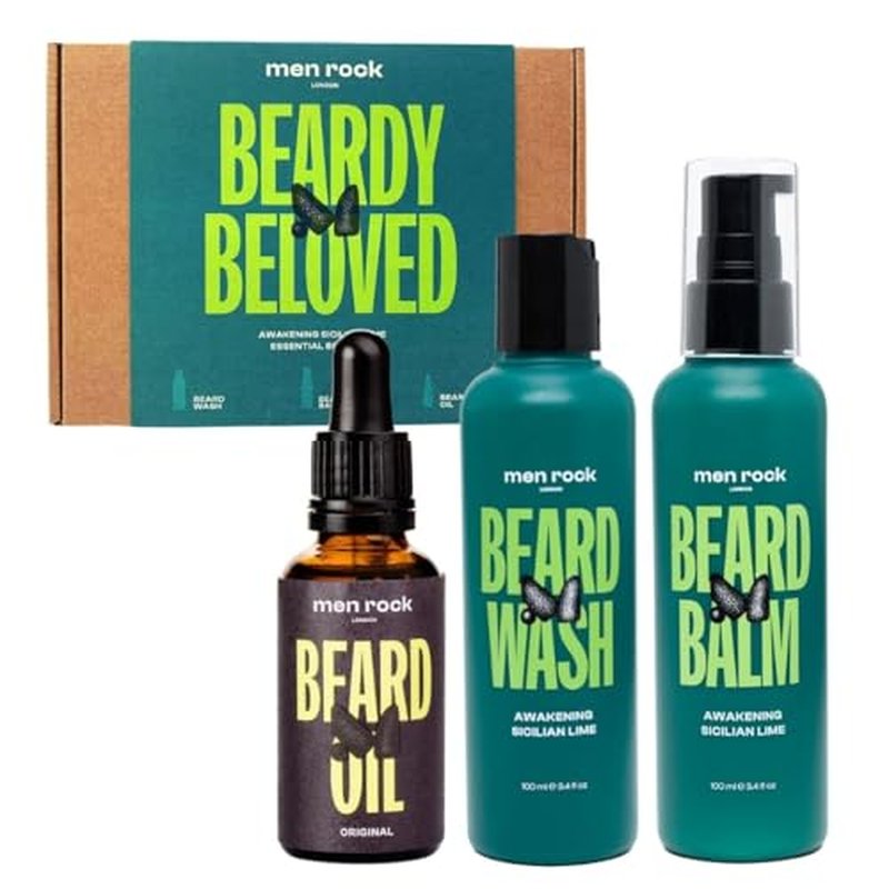 Men Rock Beardy Beloved Awakening Essential Beard Kit - Sicilian Lime - Beard Oil, Balm, and Wash - Mens Face Care - Skincare Products for Men - 3 Pc