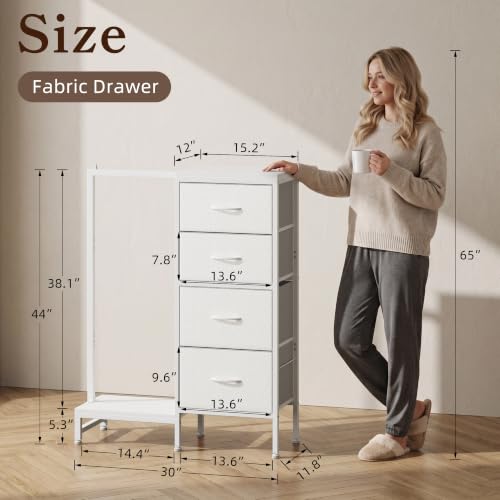 Tall Dresser with Hanging Clothes Rack - White, 44"H, 4 Drawers, Reversible Storage Tower