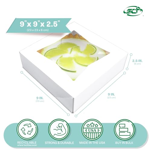 White Bakery Box with Clear Window - 9x9x2.5 Inch, 200 Pack, Food Safe, Easy Assembly