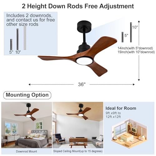 VCQQ Black Walnut 36-Inch Ceiling Fan with Lights, Remote & Reversible DC Motor