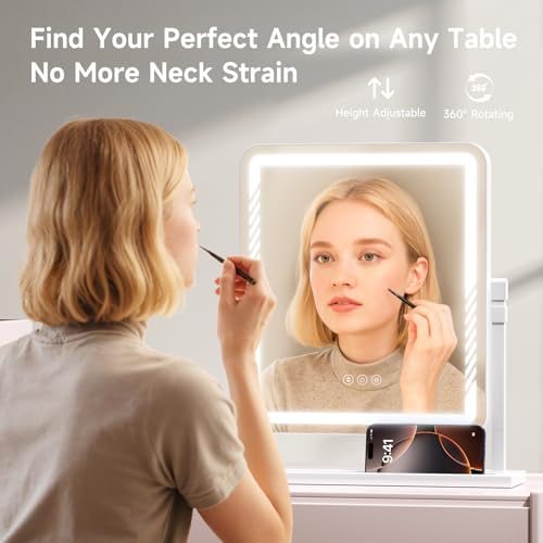 Vanity Mirror with Lights, Height-Adjustable & 360¡Æ Rotation, 1/10X Magnification, Three Color Lighting Modes, Makeup Mirror Smart Touch Control, Large Vanity Desk Mirror (17.5in,White)