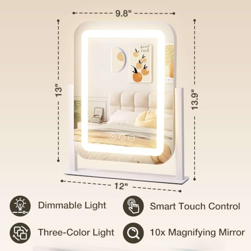 White 13.9"×12" Lighted Makeup Mirror with LED Lights & Touch Control