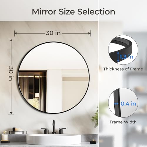 USHOWER 30 Inch Round Bathroom Mirror with Black Frame - Over Sink Vanity Mirror, 30"L x 30"W, Variation: Black / 30"L x 30"W / 1