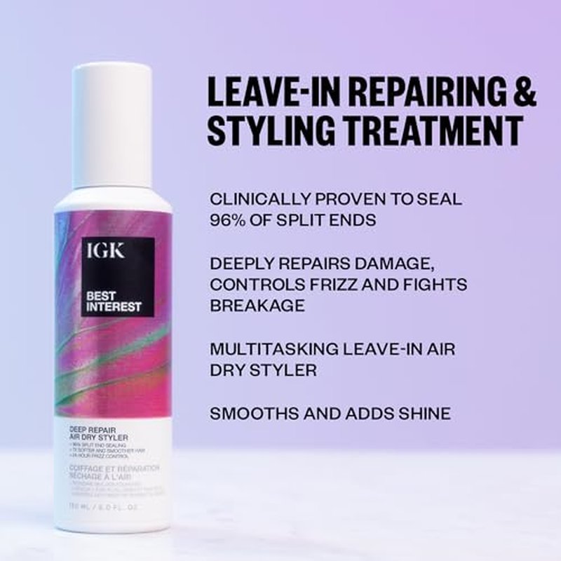 IGK Best Interest Bond Building Air Dry Styling Cream ? Leave-In Treatment for Split Ends, Breakage, Frizz Control, and Shine ? Vegan & Cruelty-Free