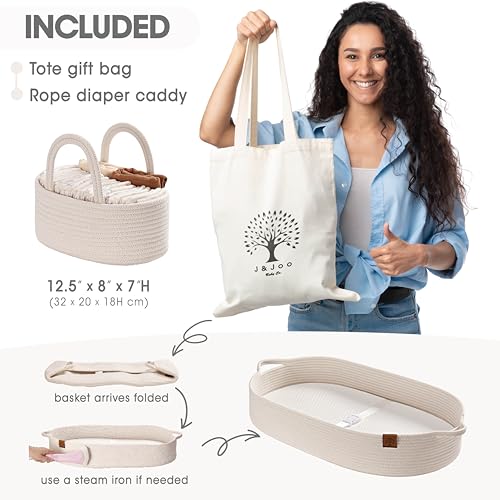 Baby Changing Basket with Diaper Caddy - Soft Waterproof Cover, Portable, Organic Cotton Rope - Soft Beige