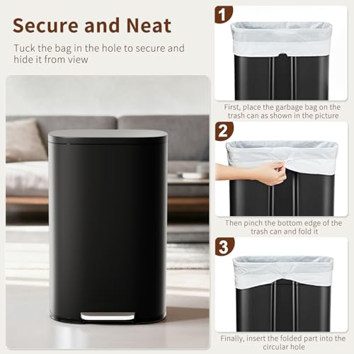 13-Gallon Trash Can with Lid - Black Stainless Steel Removable Inner Bucket