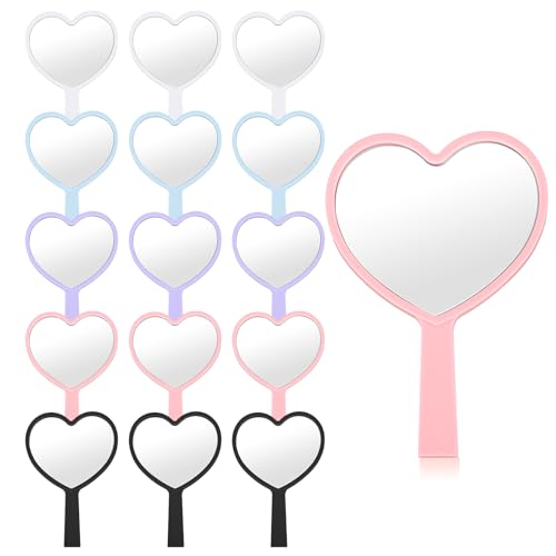 Menkxi 15 Pcs Heart Shaped Handheld Mirrors Valentines Gifts Small Heart Travel Makeup Plastic Hand Mirrors Bulk Gifts for Women Cosmetic (Bright Color)