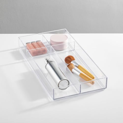 mDesign Plastic Divided Makeup Organizer Tray 8x16x2 Pack for Bathroom Vanity & Drawer - Clear
