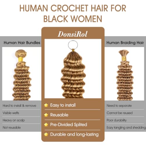 DonsiRol 12in Deep Wave 50g Human Crochet Hair #27 Honey Blonde, Reusable Knotless Feather Hair