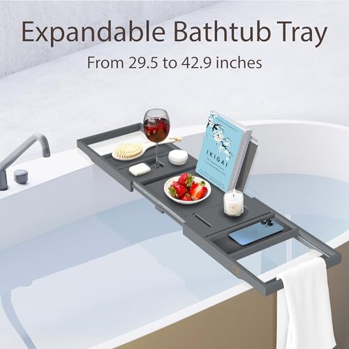 Wooden Bathtub Tray - Foldable and Expandable Bamboo Bath Tray for Tub with Wine Holder, Book & Tablet Stand - Bath Caddy Tray for Bathtub, Bath Accessories, Tub Tray Table, Gift Idea (Charcoal Grey)