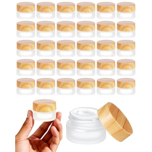 Glass Jar With Lid, 32 Pack 5 Gram Glass Containers With Lids Cosmetic Container With Wood Grain Lid Round Sample Container For Makeup,Lotion,Eye Creams,Scrub Cream,Home Travel