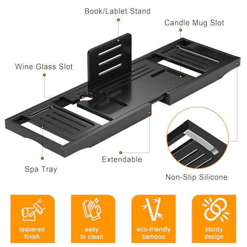 Bathtub Tray Caddy,Premium Bamboo Expandable Bath Tub Trays Table, Foldable Bathroom Accessories,Great House Warming, Anniversary and Birthday Gifts,Black
