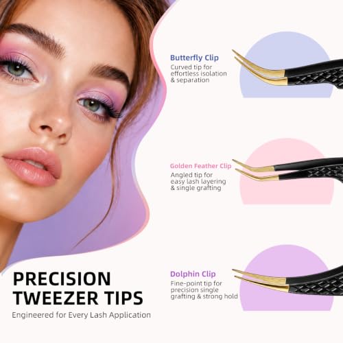 5Pcs Eyelash Extension Tweezers Set - Stainless Steel, Titanium Coated, Black Finish