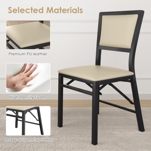 VECELO Creamy Beige Foldable Dining Chairs Set of 2 - Padded Metal Guest Seating