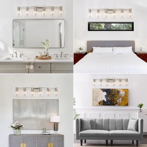 HDASIC Brushed Nickel 6-Light Vanity Light with Clear Glass - 34.25in Bath Fixtures