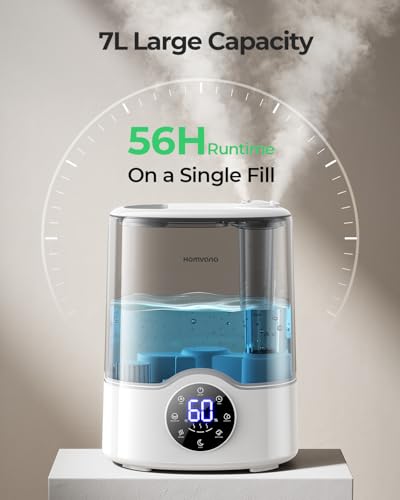 Homvana Grey 7L Large Room Humidifier with Warm & Cool Mist, Auto Humidity Control, Quiet Top-Fill Design
