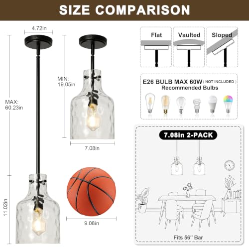 Black Hammered Glass Pendant Light Fixture for Kitchen Island - 7 Inch Modern Farmhouse Lighting - Variation of Black-Hammered Glass / 1-Light