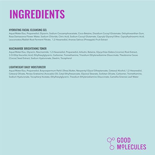 Good Molecules 4.67 Fl Oz Skincare Set – Hydrating Cleanser, Brightening Toner & Light Moisturizer