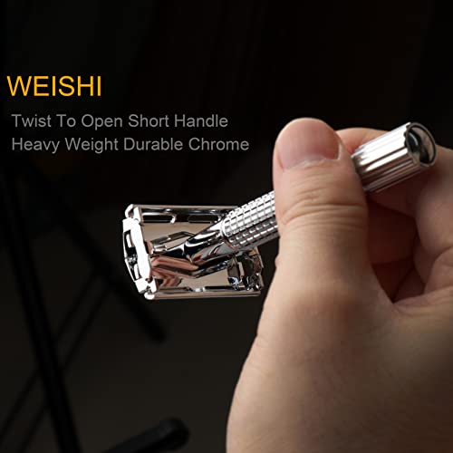 WEISHI Butterfly Open Double Edge Safety Razor for Men, Chrome Short Handle with 5 Stainless Razor Blades Included, Reusable Wet Shave Tool for Smooth, Close Shave