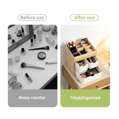 Bamboo Vanity Organizers with 3 Drawer, Mini Desk Organizer for Home, 3-tier Study/Office Organizer Rack, Adjustable 5 Compartment Makeup Display Case, Dresser Storage for Lipstick, Jewelry, Nail Care