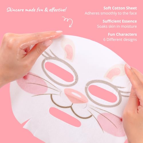 Epielle Character Face Mask Fuzzy Friends 6 Pack, Fun & Effective Korean Skin Care, Spa Party Favors, Stocking Stuffers, Birthday Gifts for Women, Self Care Gifts