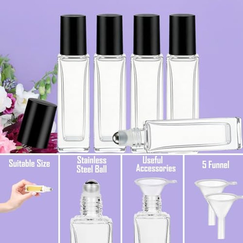 100 Pcs 10 ml Roller Bottles for Essential Oils, Square Thick Empty Glass Roller Bottles with Stainless Steel Roller Balls Protection Leakproof with 5 Funnel for Travel, Black