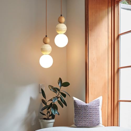 Natural Stone & Frosted Glass Spherical Pendant Light - Walnut Color, Indoor Hanging Lamp for Kitchen & Dining