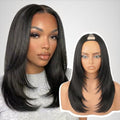 Yaki Straight V Part Wig for Black Women - Synthetic Layered Half Wig, Glueless, Heat Resistant, 14 Inch, Natural Black
