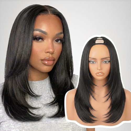 Yaki Straight V Part Wig for Black Women - Synthetic Layered Half Wig, Glueless, Heat Resistant, 14 Inch, Natural Black