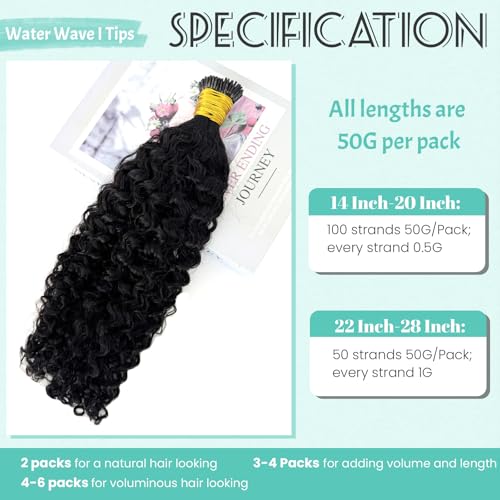 Water Wave I Tip Hair Extensions - Black Human Hair 14 Inch 100 Strands - Curly Pre Bonded Extensions - Variation of ITIP-#WW