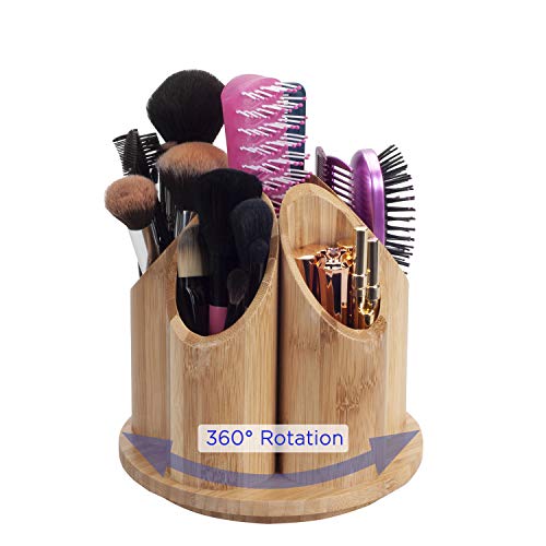 MobileVision Bamboo Circular Rotating Makeup Organizer, 5 Sections for Cosmetic Brushes, Lipsticks, Eye Liners, Accessories, Beauty Products & More