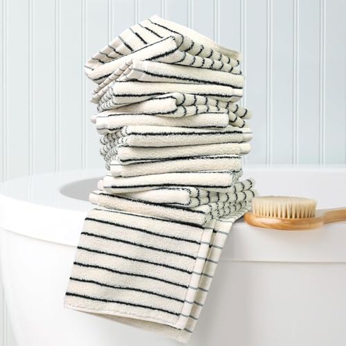 Jacquotha Striped Cotton Washcloths 12 Pack, 13¡± x 13¡± - Soft Wash Cloths for Bathroom, Kitchen, Gym, Face, Black and Cream